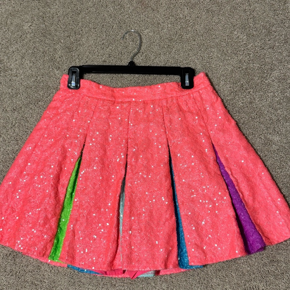 Queen of Sparkles pink sequin mini skirt with rainbow pleating